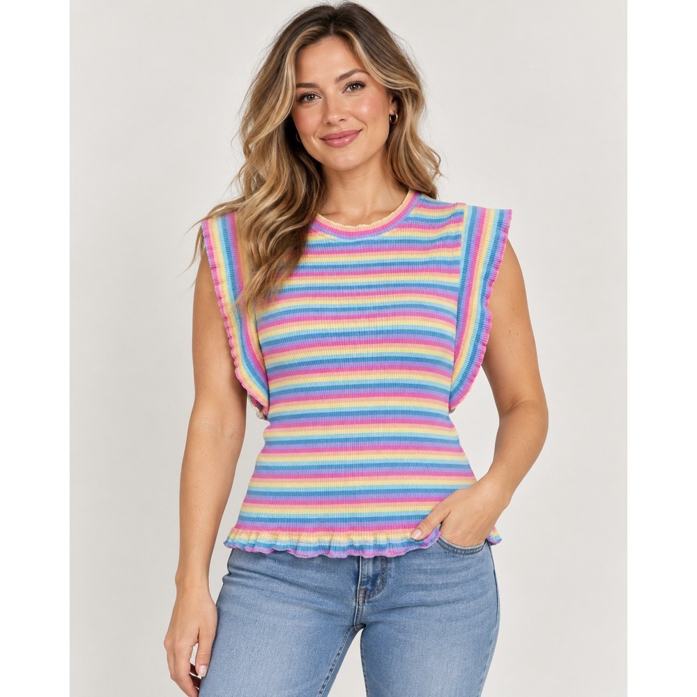 THML Rainbow Stripe Ribbed Knit Ruffle Sleeve Top XL Multicolor Crew Neck